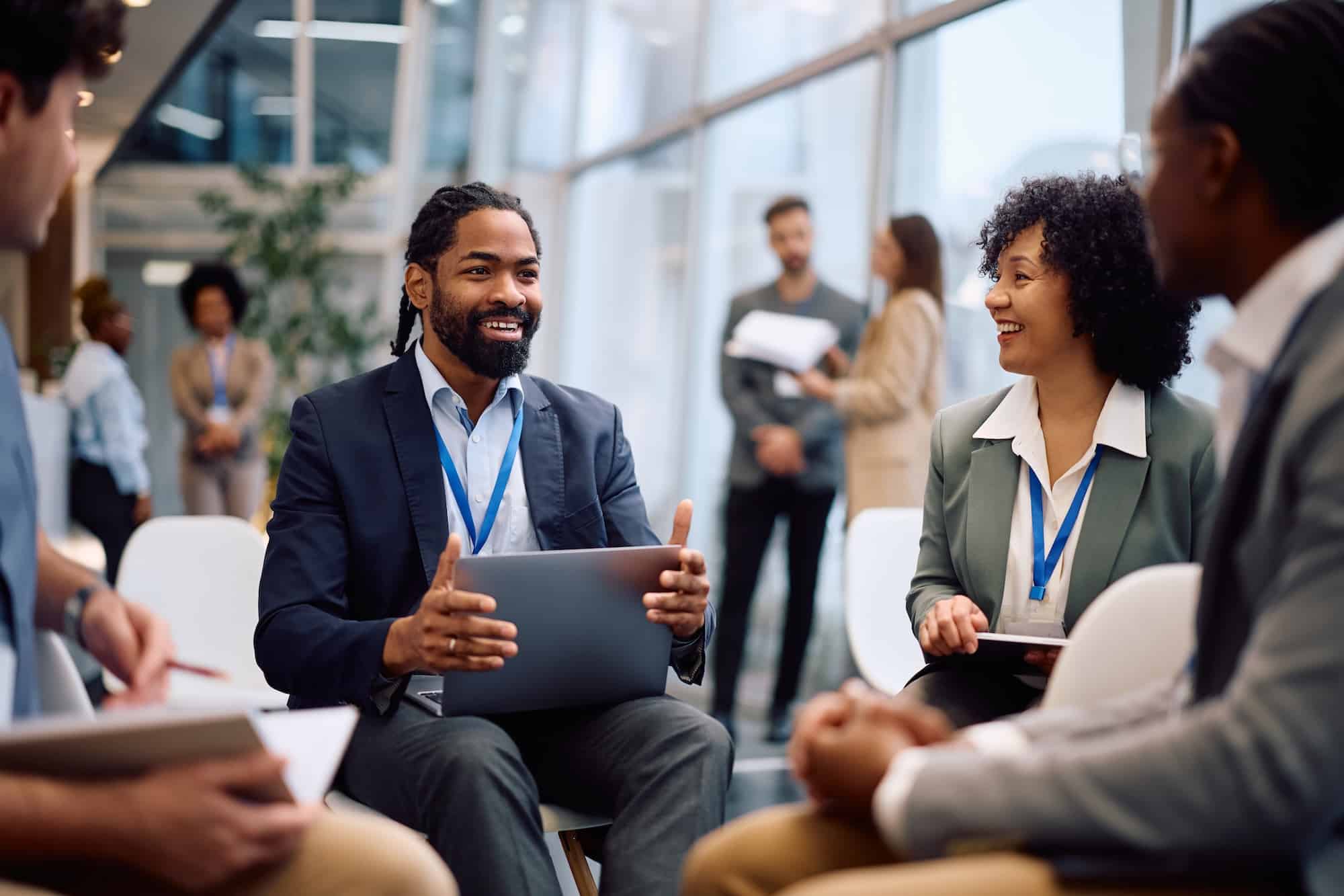 Colleagues talking together in a meeting